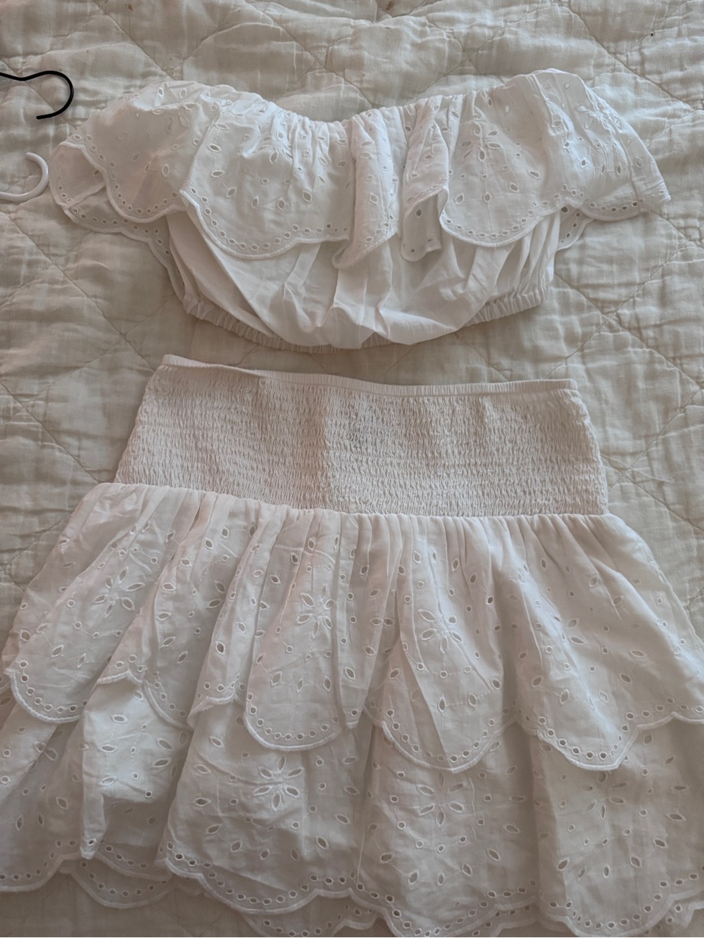 White Eyelet Tiered Mini Skirt and Crop Top Set - Women